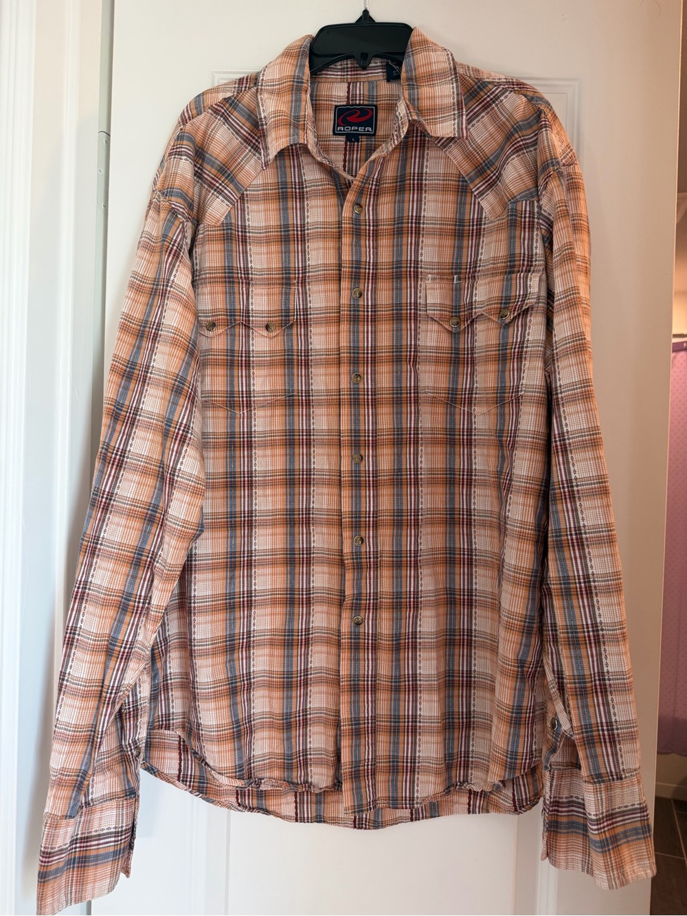 Roper Women’s Large Western Pearl Snap Plaid Shirt Metallic Thread Cowgirl